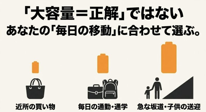 買い物、子供の送迎と坂道、通勤・通学用バッグのイラスト。電動アシスト自転車のバッテリーは、大容量が必ずしも正解ではなく、毎日の移動用途に合わせて選ぶべきであることを伝えています。