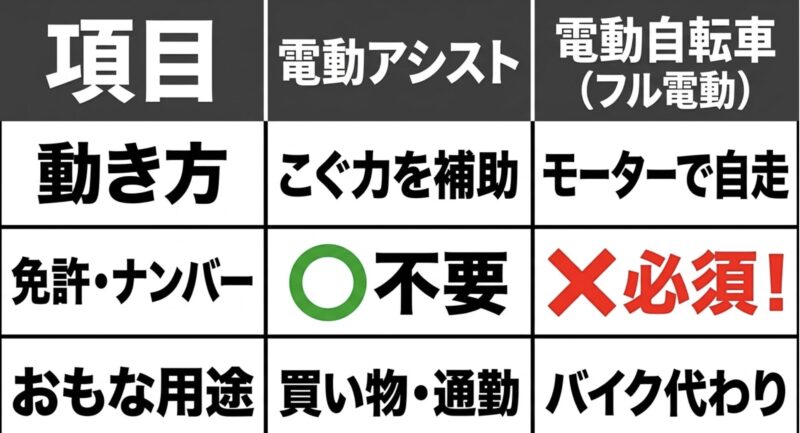 動き方、免許やナンバーの有無、買い物やバイク代わりといったおもな用途で比較した電動アシスト自転車と電動自転車の違い一覧表