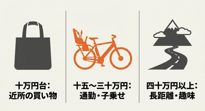 10万円台から40万円以上の電動アシスト自転車における近所の買い物、通勤、子乗せ、長距離などの用途別目安