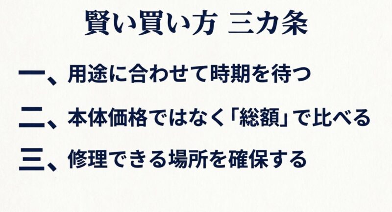 用途に合わせて時期を待つ、総額で比べる、修理場所を確保するという賢い買い方三カ条