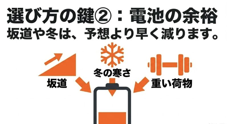坂道や冬の寒さ、重い荷物によって電動アシスト自転車のバッテリーは早く減るため、電池容量に余裕が必要であることを示す図