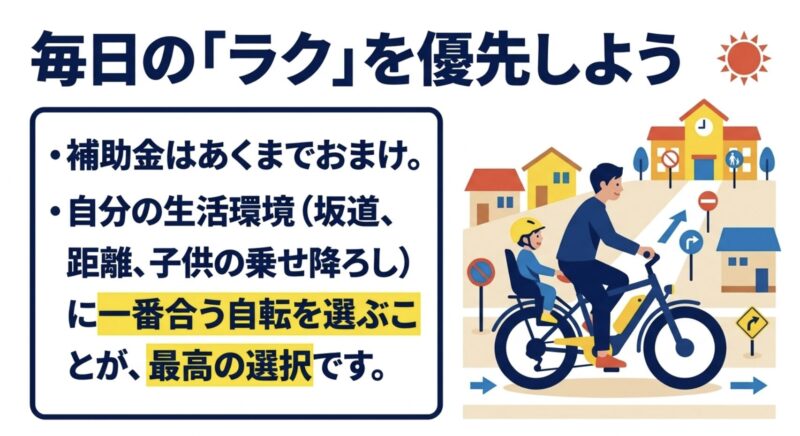 補助金はおまけと考え、坂道や距離など自分の生活環境に一番合う電動アシスト自転車を選ぶことが最高の選択