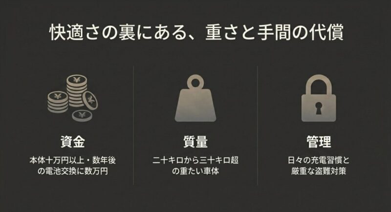 快適さの裏にある、資金、質量、管理といった電動アシスト自転車の重さと手間の代償