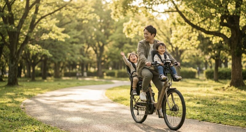 公園で子乗せ電動アシスト自転車に乗る笑顔の家族の様子