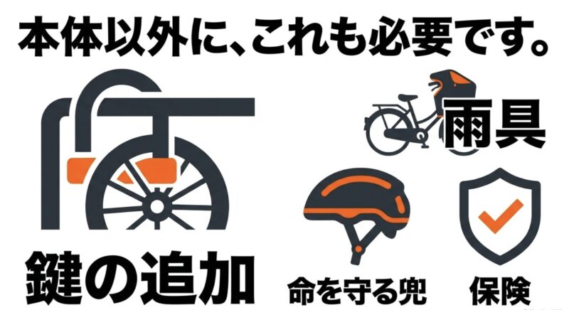 電動アシスト自転車本体以外に、雨具、追加の鍵、ヘルメット、自転車保険が必要であることをまとめた図