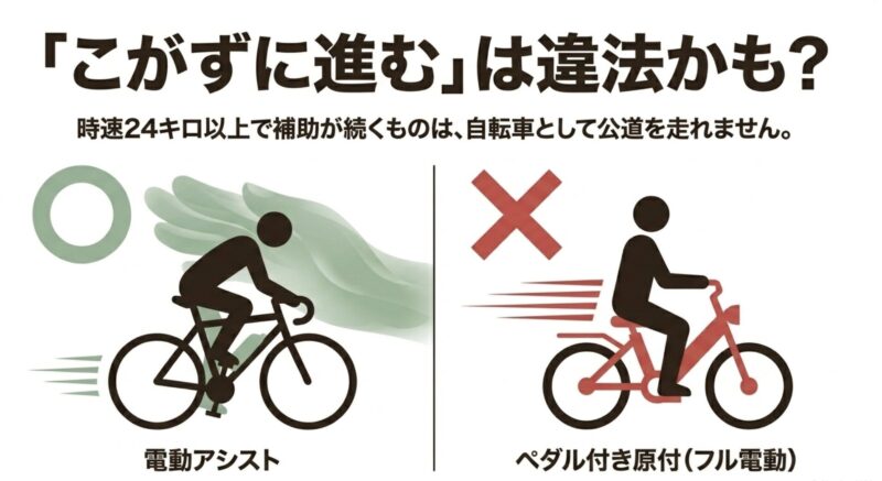 ペダルをこがずに進むフル電動自転車や時速24キロ以上で補助が続く違法な車両への注意喚起