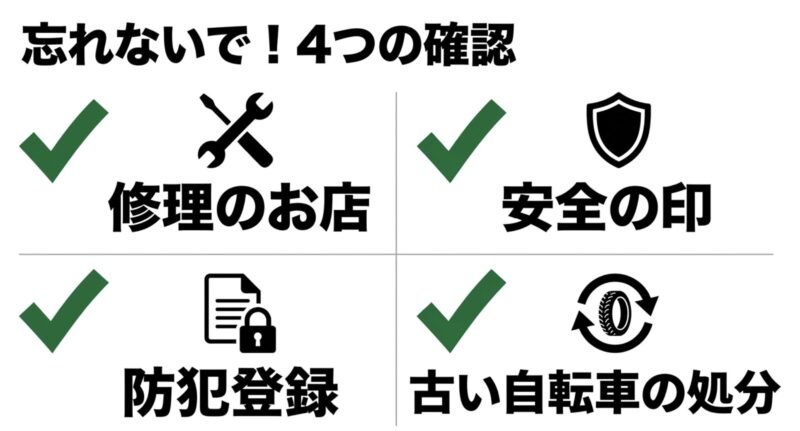 購入時に忘れてはいけない修理店、安全基準、防犯登録、古い自転車の処分の4つの確認ポイント