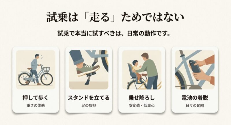 試乗は「走る」ためではないとし、押して歩く、スタンドを立てる、乗せ降ろし、電池の着脱など、本当に試すべき日常動作のポイント