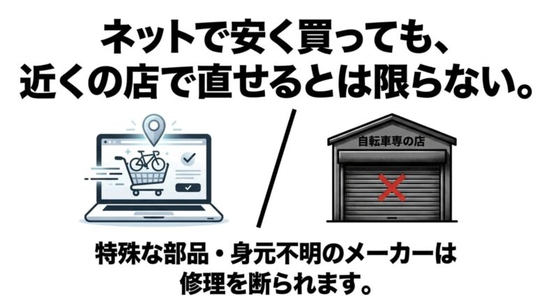 ネットで安く買った自転車は、特殊部品や不明なメーカーの場合、近くの自転車専門店で修理を断られるリスクがある図解