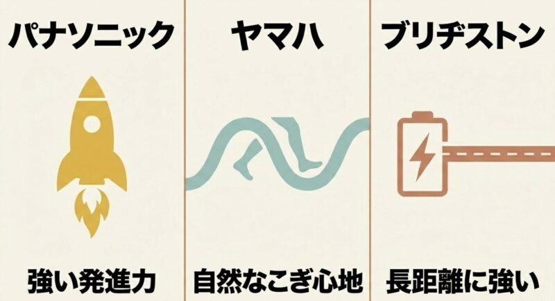 パナソニック ヤマハ ブリヂストン の、強い発進力 自然なこぎ心地 長距離に強い といった特徴を比較した図