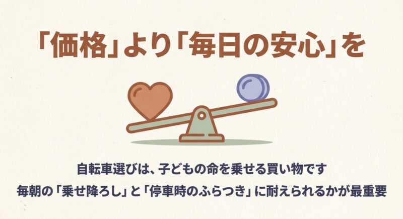 自転車選びは子どもの命を乗せる買い物として、価格より毎日の安心や安全性を重視する天秤のイラスト