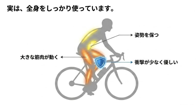 自転車をこぐ際に太ももなどの大きな筋肉が動き、体幹を使って姿勢を保っていることを示す図