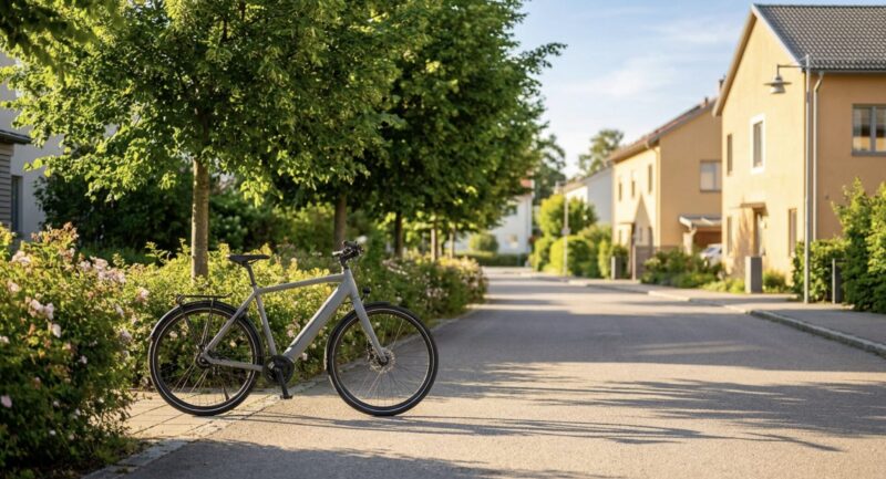 住宅街の道端に停められたグレーの電動アシスト自転車