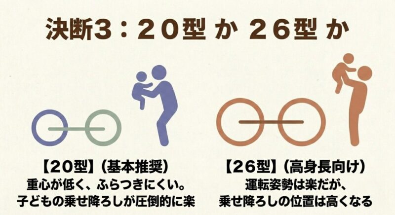重心が低く乗せ降ろしが圧倒的に楽な基本推奨の20型と、運転姿勢は楽だが乗せ降ろし位置が高くなる高身長向けの26型の比較