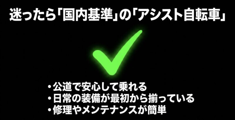 初心者が迷った時は公道で安心して乗れて日常装備が揃っている国内基準の電動アシスト自転車がおすすめ