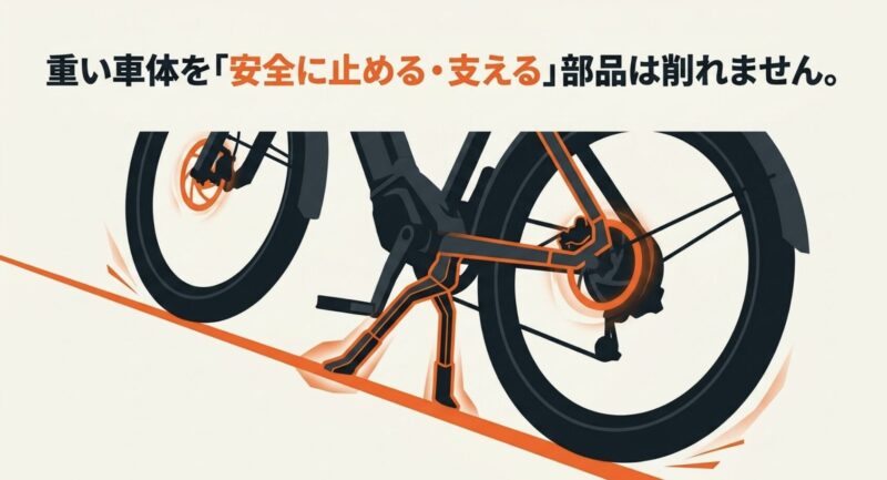 重い車体を安全に止めて支えるためのブレーキとスタンドの構造イラスト