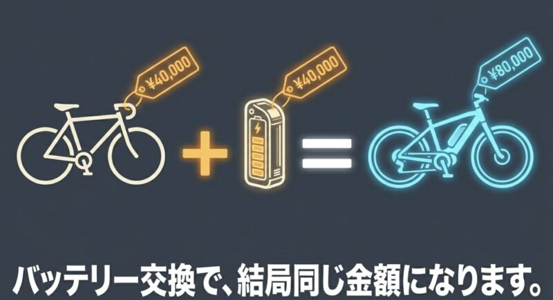 4万円の激安自転車を購入しても、数年後のバッテリー交換に4万円かかれば結局8万円の出費になるという維持費の図解