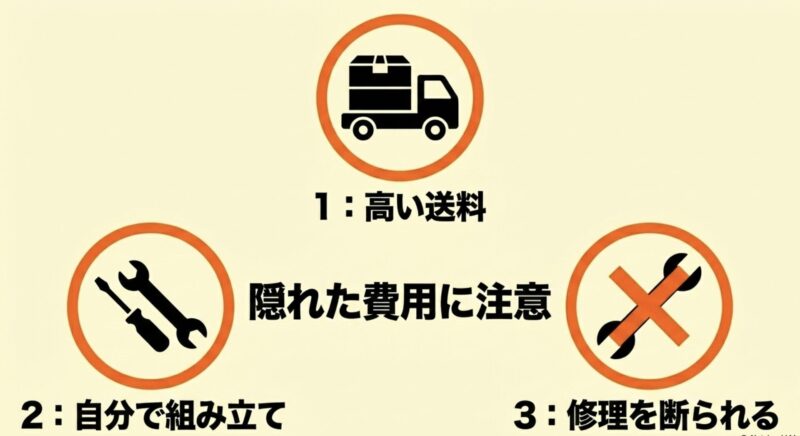 ネット通販の高い送料、自分で組み立てる手間、修理を断られるリスクなど隠れた費用への注意喚起