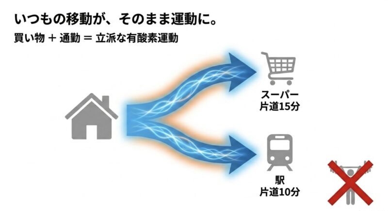 スーパーや駅への日常的な買い物や通勤が、立派な有酸素運動になることを示すスライド