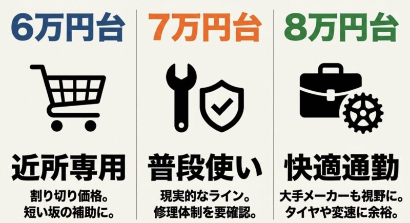 6万円台は近所専用、7万円台は普段使い、8万円台は快適通勤という価格帯別の特徴まとめ