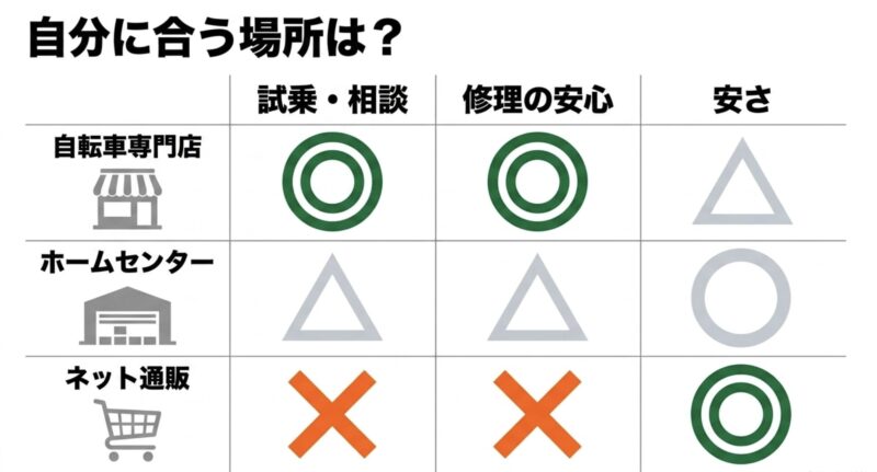 自転車専門店、ホームセンター、ネット通販の試乗・修理・安さを比較した表