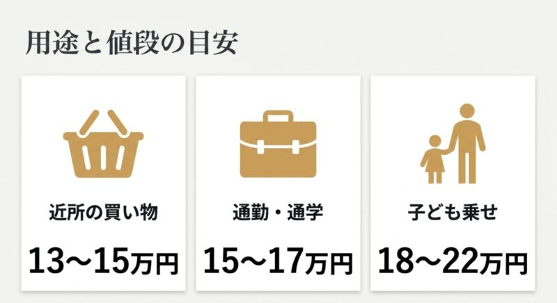 近所の買い物は13〜15万円、通勤・通学は15〜17万円、子ども乗せは18〜22万円という用途別の価格目安