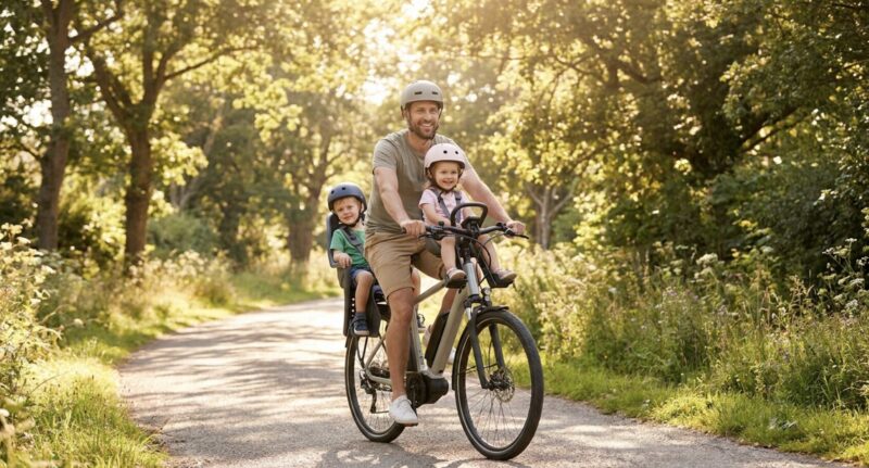 子乗せ電動アシスト自転車に乗り、自然の中を走る家族の様子