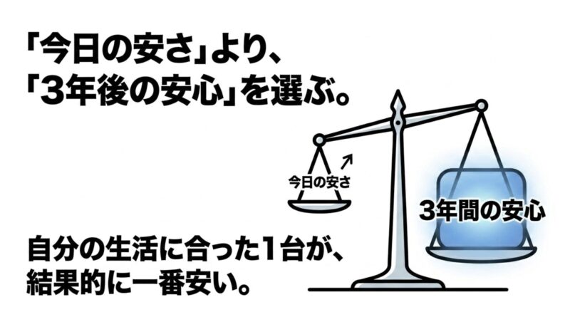 天秤で「今日の安さ」よりも「3年間の安心」を選ぶことが結果的に一番安いことを示す図解