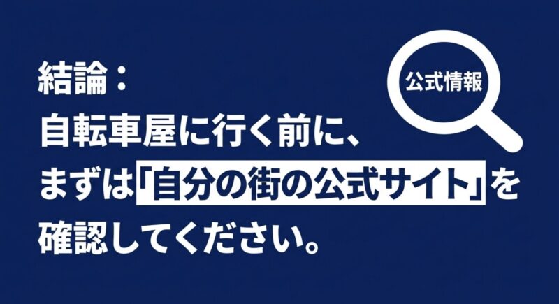 結論として、自転車屋に行く前にまずは自分の街の公式サイトを確認することを促す図解