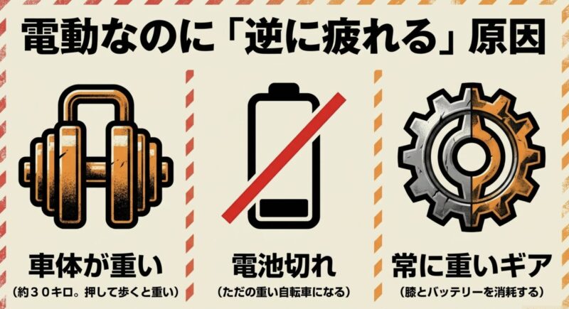 電動アシスト自転車で逆に疲れる原因(車体の重さ・電池切れ・常に重いギア)