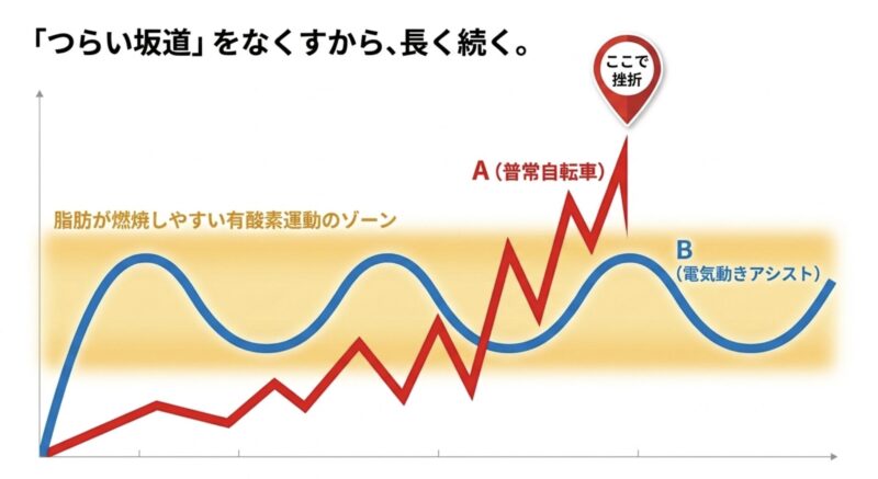 電動アシスト自転車が普通の自転車に比べて脂肪燃焼ゾーンを保ちやすく、挫折しにくいことを示すグラフ