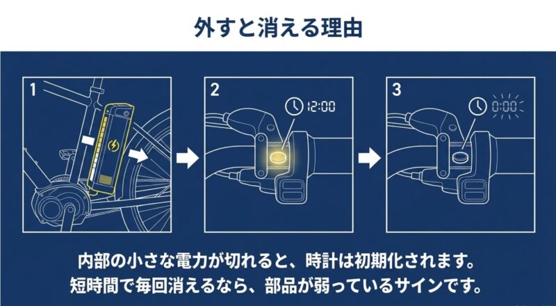 電動自転車のバッテリーを外すと内部電力が切れ、時計が初期化される仕組みの図解