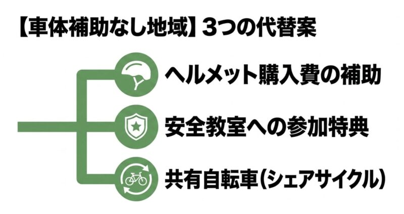 ヘルメット購入費補助、安全教室参加特典、シェアサイクルなど、車体補助がない地域の代替支援策