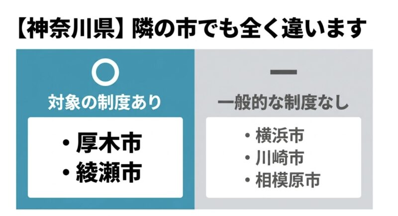 神奈川県の補助金状況。厚木市と綾瀬市には対象制度があり、横浜市、川崎市、相模原市には一般的な制度がないことを示す図解