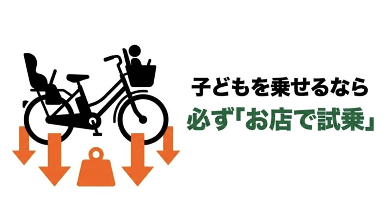 子ども乗せ電動アシスト自転車は車体が重いため実店舗での試乗が必須であることを示すイラスト