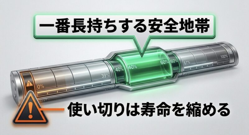 バッテリー残量40%から60%が一番長持ちする安全地帯。0%までの使い切りは寿命を縮める。
