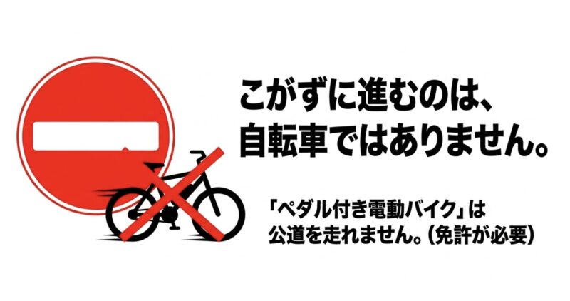 こがずに進むペダル付き電動バイクは自転車ではなく、公道走行には免許が必要であることを示す警告図