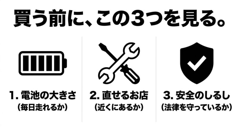安い電動アシスト自転車を買う前に確認すべき3つのポイント(電池の大きさ、直せるお店、安全のしるし)の図解