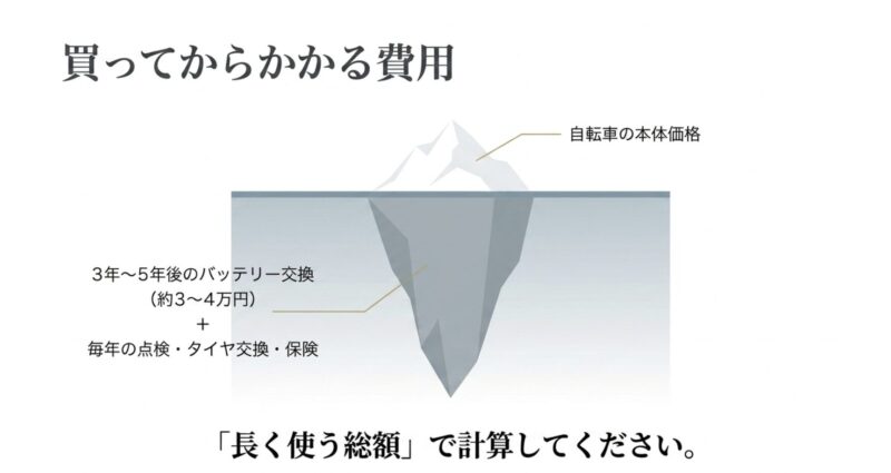 買ってからかかる費用として、本体価格に加えて3〜5年後のバッテリー交換費や毎年の点検・保険料の合計総額を計算する図