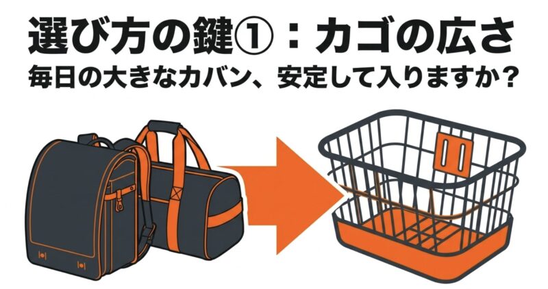 毎日の大きな通学カバンや部活の荷物が安定して入る前カゴの広さの重要性を解説した図