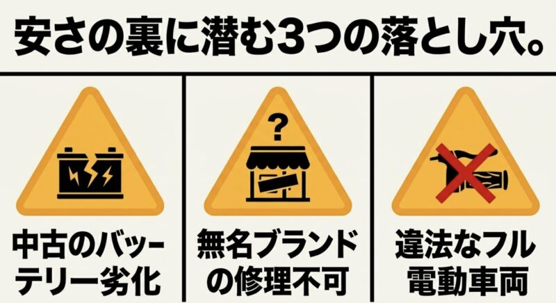 安い電動アシスト自転車に潜む、中古バッテリー劣化・無名ブランド・違法フル電動車両の3つの落とし穴