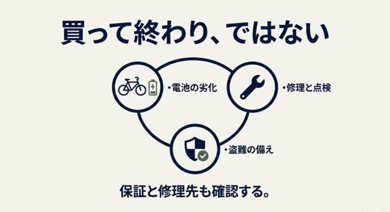 電池の劣化や修理点検、盗難への備えなど自転車購入後の維持費を説明する図解