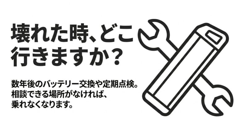 壊れた時、どこへ行きますか?数年後のバッテリー交換や定期点検。相談できる場所がなければ、乗れなくなります。
