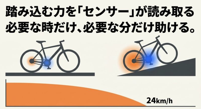 自転車のペダル部分のセンサーと24km/hの速度制限を示すイラスト。踏み込む力をセンサーが読み取り、必要な時だけ必要な分を助ける電動アシストの制御を説明しています。