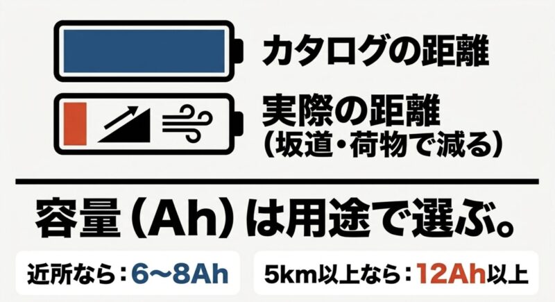 カタログの距離と実際の距離の違い、および用途別の推奨バッテリー容量(Ah)の目安