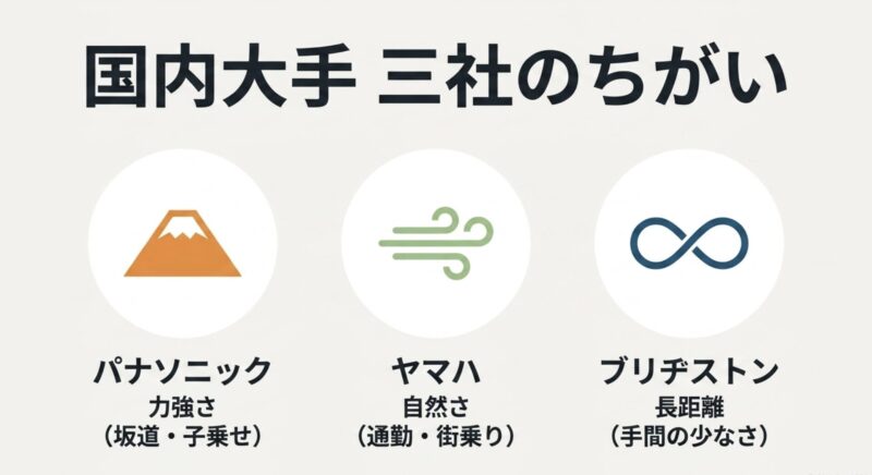 パナソニックの力強さ、ヤマハの自然さ、ブリヂストンの長距離向けという国内大手三社のちがい比較図