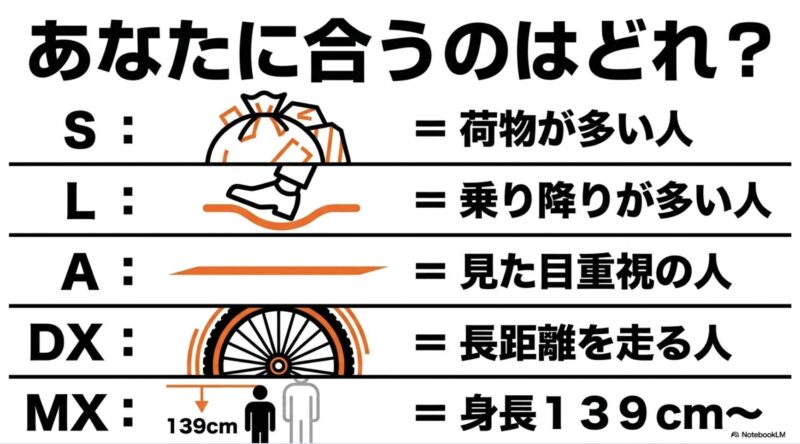 荷物が多い人はS、乗り降りが多い人はL、見た目重視はA、長距離はDX、小柄な人はMXというティモ全車種の選び方ガイド