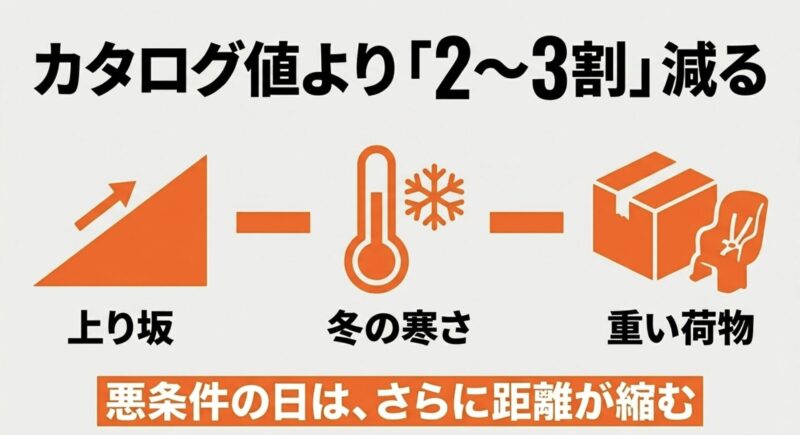 実際の走行距離はカタログ値より2〜3割減る。上り坂、冬の寒さ、重い荷物などの悪条件の日はさらに距離が縮む。