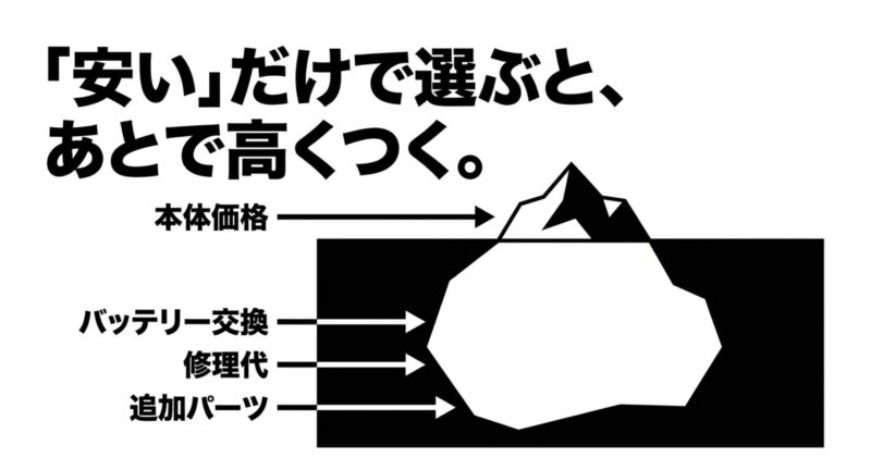 安い電動自転車の価格の氷山モデル。本体価格の下にバッテリー交換や修理代、追加パーツの費用が隠れている図解