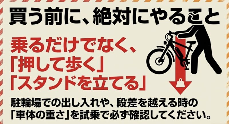 試乗時は乗るだけでなく押して歩く・スタンドを立てるなど車体の重さを確認する